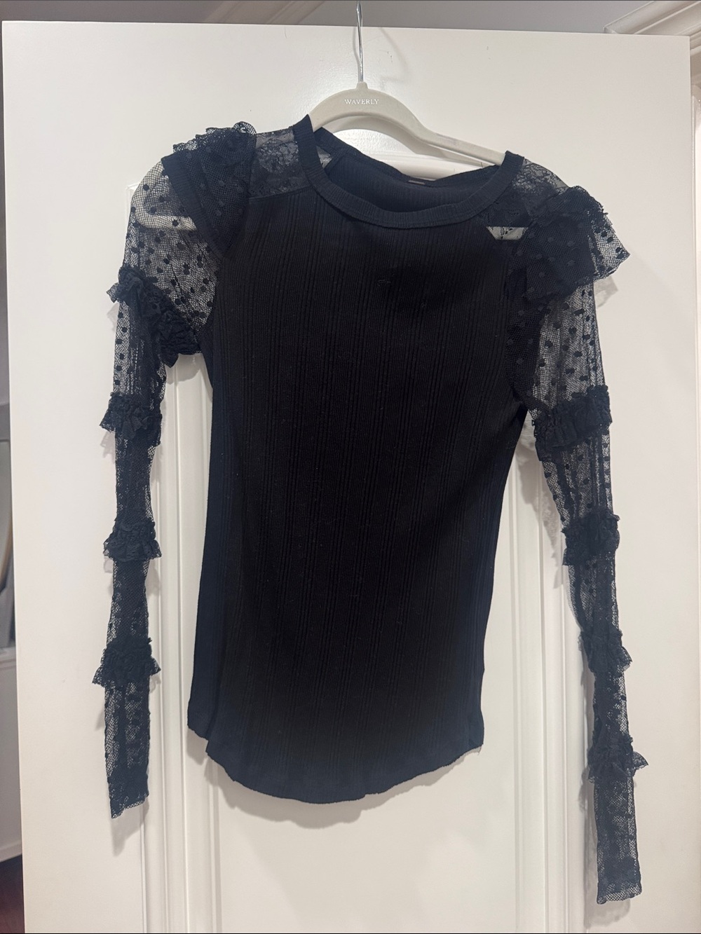 Black Lace Sleeve Ribbed Knit Top